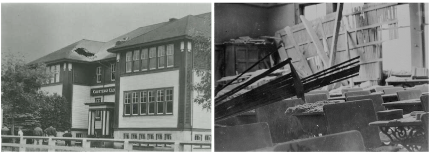 Damage to an elementary school in Courtenay, British Columbia after a magnitude 7.3 earthquake on Sunday, June 23, 1946. Left: A hole left after the chimney collapsed through the roof. Right: Damage inside the school. In addition to damaging structures, the earthquake triggered numerous slope failures. _Source: Photographs courtesy of Earthquakes Canada. Click the image for image sources and terms of use._
