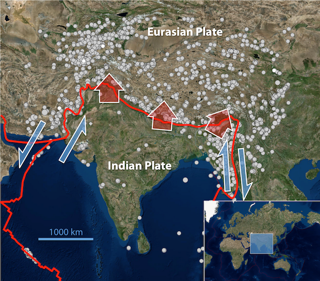 Earthquakes of M4.5 and greater from 1990 to 2017 along the collision zone between the Indian and Eurasian plates. Red lines- plate boundaries; red arrows- collision zones; blue arrows- transform zones. _Source: Karla Panchuk (2017) CC BY 4.0. Base maps with epicentres generated using the U. S. Geological Survey Latest Earthquakes website. [Visit Latest Earthquakes](https://earthquake.usgs.gov/earthquakes/map/#%7B%22feed%22%3A%221511395559710%22%2C%22sort%22%3A%22newest%22%2C%22basemap%22%3A%22satellite%22%2C%22restrictListToMap%22%3A%5B%22restrictListToMap%22%5D%2C%22timezone%22%3A%22utc%22%2C%22mapposition%22%3A%5B%5B2.987%2C-307.266%5D%2C%5B40%2C-251.367%5D%5D%2C%22overlays%22%3A%5B%22plates%22%5D%2C%22viewModes%22%3A%5B%22list%22%2C%22map%22%5D%2C%22listFormat%22%3A%22default%22%2C%22autoUpdate%22%3Afalse%2C%22search%22%3A%7B%22id%22%3A%221511395559710%22%2C%22name%22%3A%22Search%20Results%22%2C%22isSearch%22%3Atrue%2C%22params%22%3A%7B%22starttime%22%3A%221990-10-17%2000%3A00%3A00%22%2C%22endtime%22%3A%222017-11-16%2023%3A59%3A59%22%2C%22maxlatitude%22%3A40%2C%22minlatitude%22%3A2.987%2C%22maxlongitude%22%3A-251.367%2C%22minlongitude%22%3A-307.266%2C%22minmagnitude%22%3A4.5%2C%22orderby%22%3A%22time%22%7D%7D%7D)_