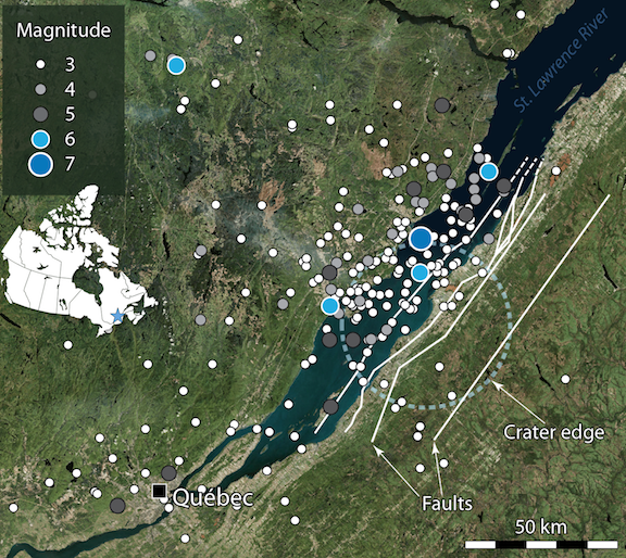 Charlevoix seismic zone, site of intraplate earthquakes. The location of the Charlevoix seismic zone is indicated by the star on the map of Canada. Dots indicate earthquake epicentres. The size of the dots indicates magnitude. White lines indicate fault segments. The dashed circle marks the edge of a crater formed by a meteorite impact 342 million years ago. _Source: Karla Panchuk (2017) CC BY-SA 4.0. Epicentre data from Earthquakes Canada. Click the image for more attributions and data sources._