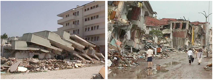 Damage from the 1999 M7.6 Izmit, Turkey earthquake. _Source: Left; USGS (1999) Public Domain [view source](https://commons.wikimedia.org/wiki/File:Izmit_eart2.jpg); Right: USGS (1999) Public Domain [view source](https://commons.wikimedia.org/wiki/File:Izmit_eart3.jpg)_