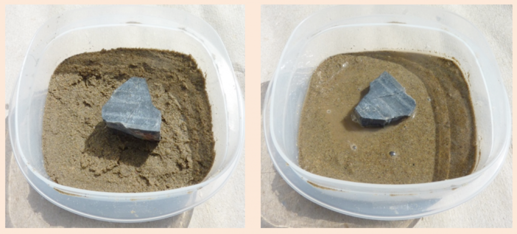 Fine, damp sand before shaking (left) and after (right). _Source: Steven Earle (2015) CC BY 4.0 [view source](http://opentextbc.ca/geology/wp-content/uploads/sites/110/2015/07/Liquefaction.png)_