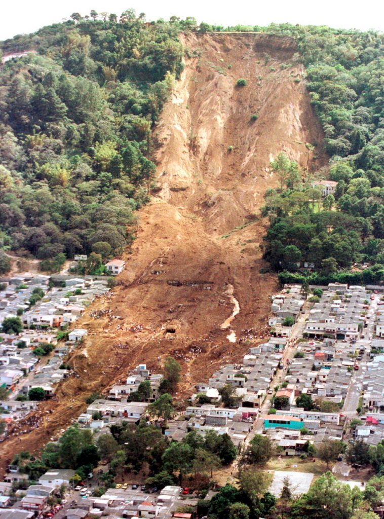A slope gives way in a suburb of San Salvador after the January 2001 earthquake offshore of El Salvador. This is one of hundreds of slope failures resulting from the earthquake. _Source: U. S. Geological Survey (2001) Public Domain [view source](https://commons.wikimedia.org/wiki/File:ElSalvadorslide.jpg)_