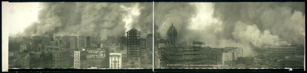 Fires in San Francisco following the 1906 earthquake. _Source: Pillsbury Picture Co. (1906) Public Domain, courtesy of the Library of Congress Prints and Photographs Division [view source](http://www.loc.gov/pictures/resource/pan.6a01913/)_