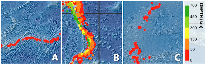 Earthquakes along plate margins. Dots are colour coded according to depth. _Source: Map details from Lisa Christiansen, Caltech Tectonics Observatory (2008) [view source](https://www.nsf.gov/news/mmg/mmg_disp.jsp?med_id=64691). Click the image for terms of use._