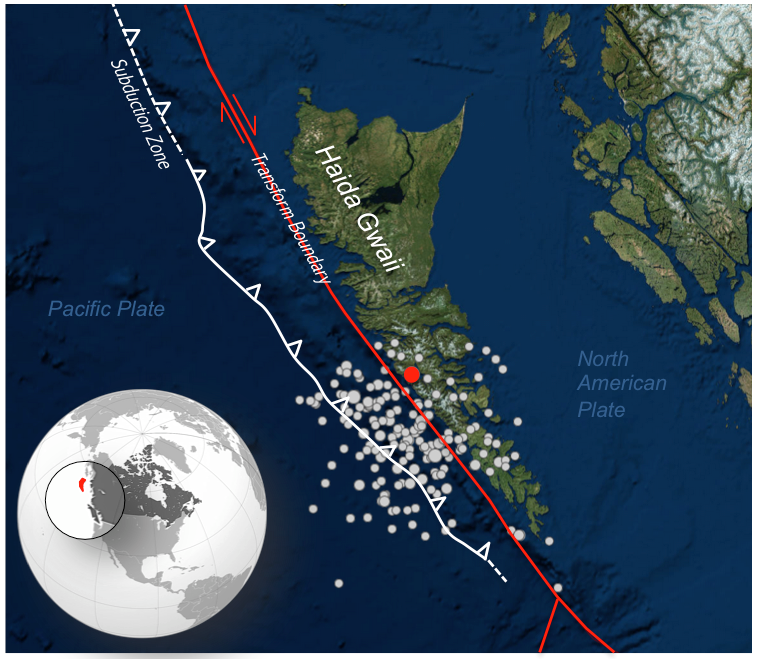 Magnitude 7.8 Haida Gwaii earthquake and aftershocks. Mainshock (red circle marks the epicentre) occurred on October 28th, 2012. Aftershocks are for the period from October 28th to November 10th of 2012. Although the epicentre is near a transform boundary, the rupture was influenced more by compression related to the subduction zone. _Source: Karla Panchuk (2017) CC BY 4.0. Base map with epicentres from the U. S. Geological Survey Latest Earthquakes tool [view interactive map](https://earthquake.usgs.gov/earthquakes/map/#%7B%22autoUpdate%22%3A%5B%5D%2C%22basemap%22%3A%22satellite%22%2C%22feed%22%3A%221510350207999%22%2C%22listFormat%22%3A%22default%22%2C%22mapposition%22%3A%5B%5B50.42601852427907%2C-136.680908203125%5D%2C%5B54.7246201949245%2C-128.331298828125%5D%5D%2C%22overlays%22%3A%5B%22plates%22%5D%2C%22restrictListToMap%22%3A%5B%22restrictListToMap%22%5D%2C%22search%22%3A%7B%22id%22%3A%221510350207999%22%2C%22name%22%3A%22Search%20Results%22%2C%22isSearch%22%3Atrue%2C%22params%22%3A%7B%22starttime%22%3A%222012-10-27%2000%3A00%3A00%22%2C%22endtime%22%3A%222012-11-10%2023%3A59%3A59%22%2C%22maxlatitude%22%3A53.387%2C%22minlatitude%22%3A26.515%2C%22maxlongitude%22%3A-103.23%2C%22minlongitude%22%3A-143.309%2C%22minmagnitude%22%3A2%2C%22orderby%22%3A%22time%22%7D%7D%2C%22sort%22%3A%22newest%22%2C%22timezone%22%3A%22utc%22%2C%22viewModes%22%3A%5B%22list%22%2C%22map%22%2C%22settings%22%5D%2C%22event%22%3Anull%7D). Subduction zone after Wang et al. (2015). Click the image for more attributions._