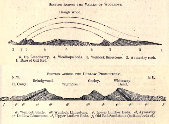 Cross-sections of eroded folds expressed as hills and valleys, from an early study on the geology of Wales, Devon, and Cornwall. Top- An anticline in Shropshire, England. Beds in the interior of the anticline form a gentle hill. Bottom- An anticline in Herefordshire, England in which beds in the interior of an anticline weathered to form a valley. _Source: Symonds (1872) Public Domain. View source: [Top](https://archive.org/stream/recordsofrocksor00symoiala#page/152/mode/2up) / _[_Bottom_](https://archive.org/stream/recordsofrocksor00symoiala#page/194/mode/2up)