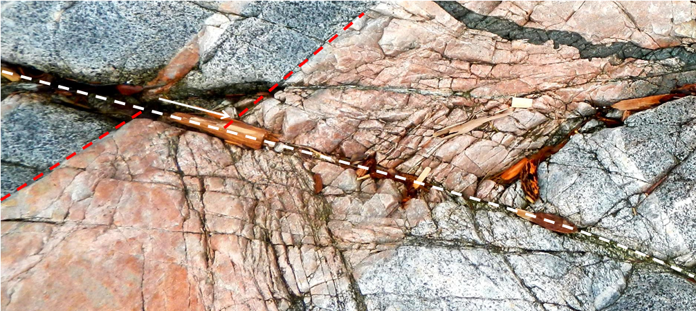 View looking down on a fault (white dashed line) in intrusive rocks on Quadra Island, British Columbia. The pink dyke has been offset approximately 10 cm by the fault (length of the white arrow). _Source: Steven Earle (2015) CC BY 4.0 [view source](http://opentextbc.ca/geology/wp-content/uploads/sites/110/2015/08/intrusive-rocks-on-Quadra-Island.png)_