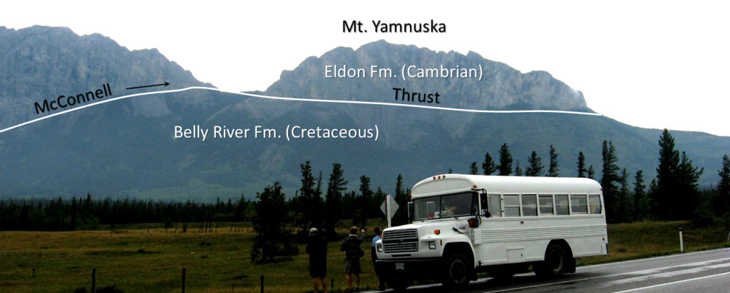 The McConnell Thrust at Mt. Yamnuska near Exshaw, Alberta. Cambrian limestones have been thrust over top of Cretaceous mudstone. _Source: Steven Earle (2015) CC BY 4.0 [view source](https://opentextbc.ca/geology/wp-content/uploads/sites/110/2015/08/McConnell-Thrust-at-Mt.-Yamnuska.png)_