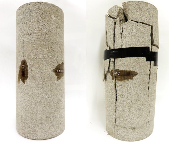 Cylinders of rock used to test the strength of rock under compression. The cylinder on the left has been equipped with strain gauges to measure the amount of deformation. The cylinder on the right has undergone brittle deformation after being compressed. _Source: Karla Panchuk (2016) CC BY 4.0_