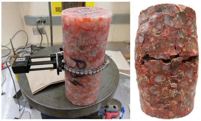 Cylinders of potash before and after deformation. The potash underwent ductile deformation before it finally broke. _Source: Karla Panchuk (2018) CC BY 4.0_