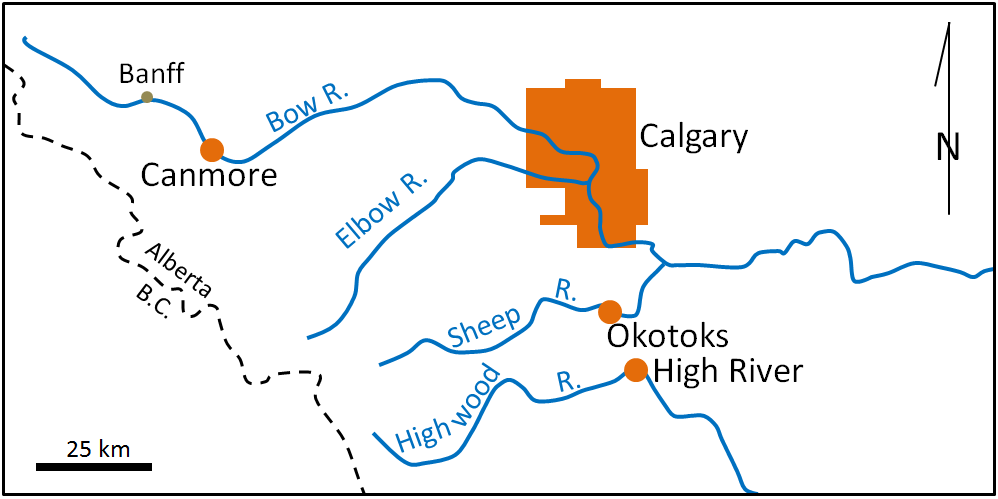 Map of the communities most affected by the 2013 Alberta floods (in orange) Source: Steven Earle (2015) CC BY 4.0 [view source](https://opentextbc.ca/geology/wp-content/uploads/sites/110/2015/08/Alberta-floods.png)
