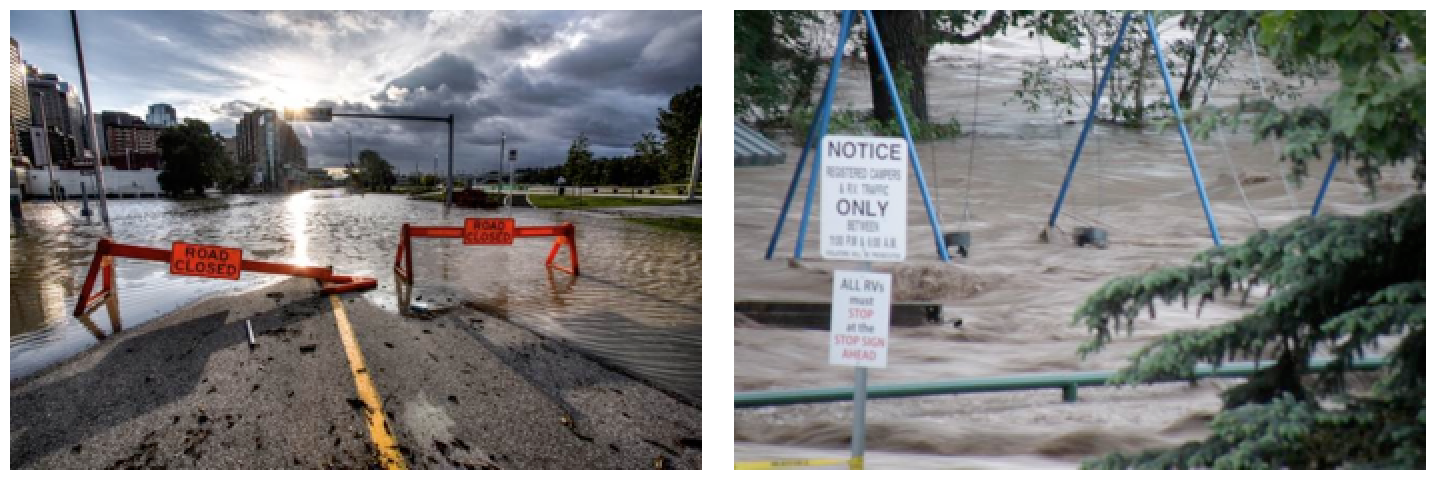 Flooding in Calgary (June 21, left) and Okotoks (June 20, right) during the 2013 southern Alberta flood. Sources: (left) Wikimedia user Ryan L.C. Quan (2013) CC BY-SA 3.0 [view source](https://en.wikipedia.org/wiki/2013_Alberta_floods#/media/File:Riverfront_Ave_Calgary_Flood_2013.jpg) (right) Wikimedia user "Stephanie N. Jones" (2013) CC BY-SA 3.0 [view source ](https://en.wikipedia.org/wiki/2013_Alberta_floods#/media/File:Okotoks_-_June_20,_2013_-_Flood_waters_in_local_campground_playground-03.JPG)