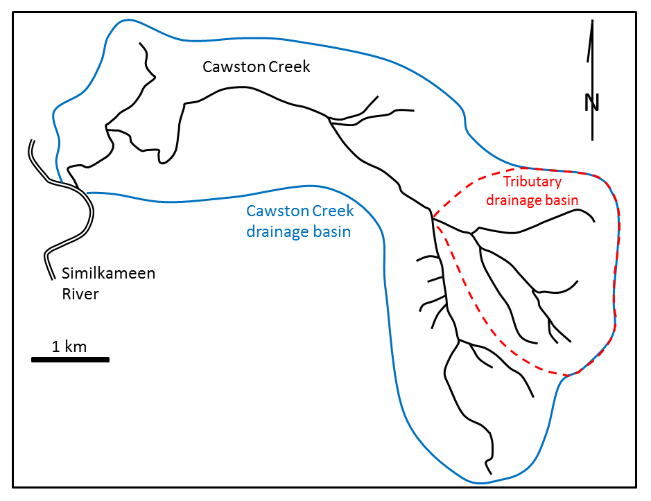 A schematic diagram of the drainage basin of Cawston Creek near Keremeos, BC. The blue line shows the extent of the drainage basin. The dashed red line is the drainage basin of one of its tributaries. Source: Steven Earle (2015) CC BY 4.0 [view source ](https://opentextbc.ca/physicalgeologyearle/wp-content/uploads/sites/145/2016/06/cawston-2.png)