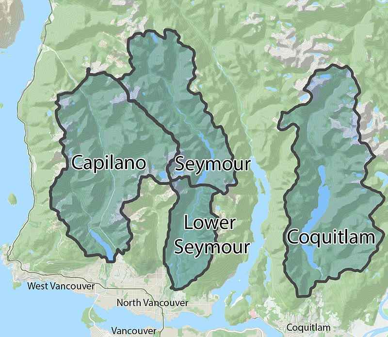 The three drainage basins that supply water to the metropolitan Vancouver, BC area. Source: Wikimedia user "Alaidlaw" (2016) CC BY-SA 2.0. [view source](https://en.wikipedia.org/wiki/Metro_Vancouver_watersheds#/media/File:Metro_Vancouver_Watershed_Boundaries.jpg)
