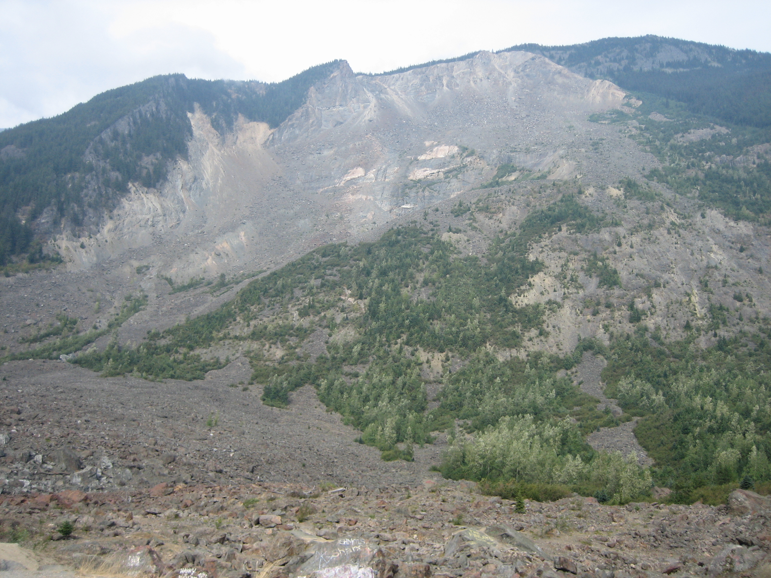| The site of the 1965 Hope Slide, photographed in 2014. The initial failure is thought to have taken place along foliation planes in the rock and a sill. _Source: Wikimedia Commons. _[View Source](https://en.wikipedia.org/wiki/Hope_Slide#/media/File:Hope_slide,_BC.jpg)