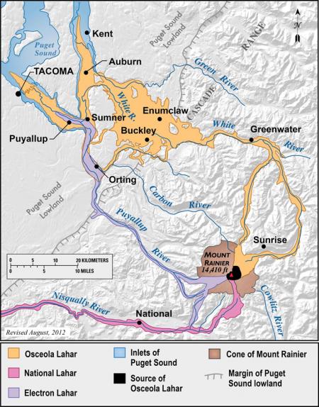 | Major pathways of Mt Rainier lahars over the past 10,000 years, Washington State, USA. Source: USGS (2005) Public Domain [view source](https://volcanoes.usgs.gov/volcanoes/mount_rainier/hazard_lahars.html), modified from Driedger et al (2005) Public Domain. [View source](https://pubs.er.usgs.gov/publication/gip19)