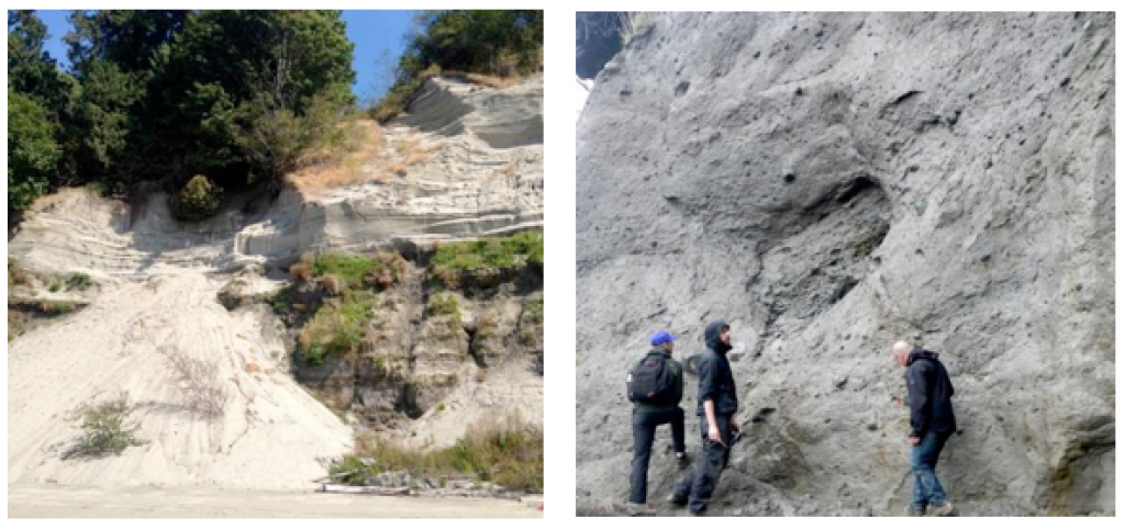 Left: Glacial outwash deposits at Point Grey, Vancouver, B.C. The dark lower layer is made up of sand, silt, and clay. The light upper layer is well-sorted sand, which has experienced slope failure and formed a cone of talus. Right: Glacial till on Quadra Island, B.C. The till is strong enough to have formed a near-vertical slope. _Source: Steven Earle (2015) CC BY 4.0. [View source ](https://opentextbc.ca/geology/)_
