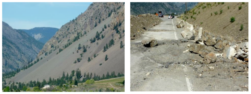 | Left: A talus slope near Keremeos, B.C., formed by rock falls from the cliffs above. Right: The results of a rock fall onto a highway west of Keremeos in December 2014. _Source: Steven Earle (2015) CC BY 4.0. [View source](https://opentextbc.ca/geology/) _