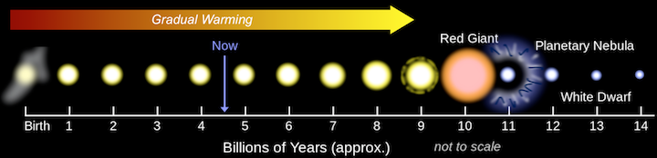 The life history of a star, from condensation of a nebula, to expansion to a red giant, and ending as a white dwarf. _Source: Karla Panchuk (2017) CC BY 4.0. Modified after Oliver Beatson (2009) Public Domain [view source](https://commons.wikimedia.org/wiki/File:Solar_Life_Cycle.svg)_
