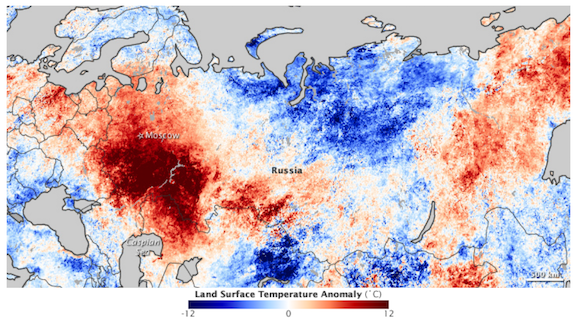 Temperature anomalies across Russia and neighbouring regions during July 2010. _Source: Earth Observatory (2010) Public Domain [view source](https://earthobservatory.nasa.gov/images/45069/heatwave-in-russia)_