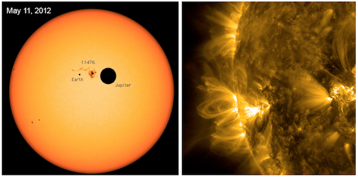 Sunspots. Left: Photograph of sunspots with dots representing the size of Earth and Jupiter for scale. Right: Plasma loops viewed in x-ray wavelengths jumping from one sunspot to another on the sun’s surface. _Source: Left- NASA/Solar Dynamics Observatory (2012) Public Domain [view source](https://phys.org/news/2012-05-big-sunspots.html). Right- NASA/Solar Dynamics Observatory (2015) Public Domain [view source](https://www.nasa.gov/content/coronal-loops-in-an-active-region-of-the-sun)._