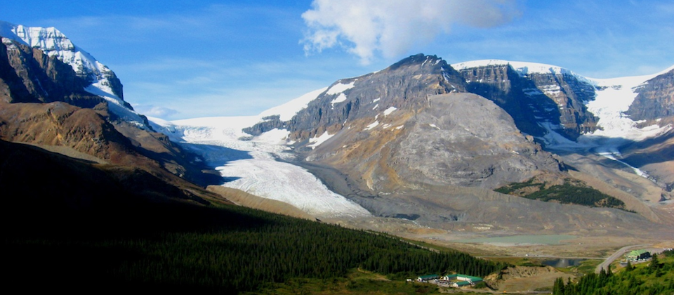 Glaciers in the Alberta Rockies: Athabasca Glacier (centre left), Dome Glacier (right), and the Columbia Icefield (visible above both glaciers). The Athabasca Glacier has prominent lateral moraines on both sides. _Source: Steven Earle (2015) CC BY 4.0 [view source](http://opentextbc.ca/geology/wp-content/uploads/sites/110/2015/07/Glaciers-in-the-Alberta-Rockies.jpg)_