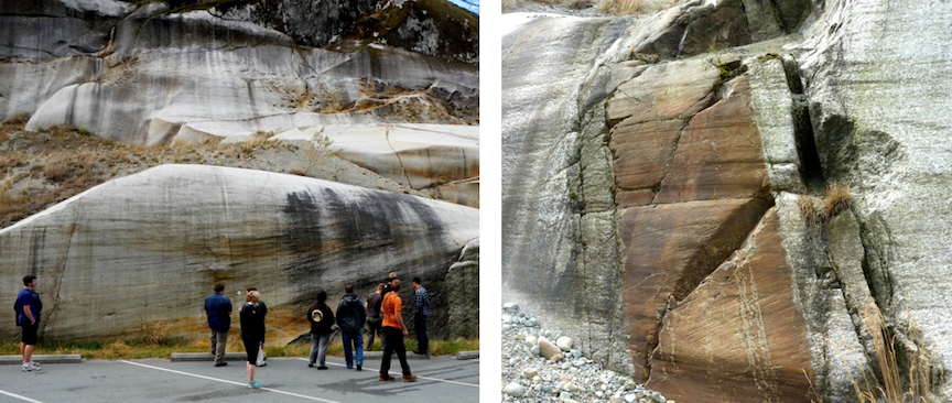 Examples of glacial striae from near Squamish, BC. Ice flow was from right to left in both images. _Source: Steven Earle (2016) CC BY 4.0 [view source](https://opentextbc.ca/physicalgeologyearle/wp-content/uploads/sites/145/2016/03/squamish-2.png)_