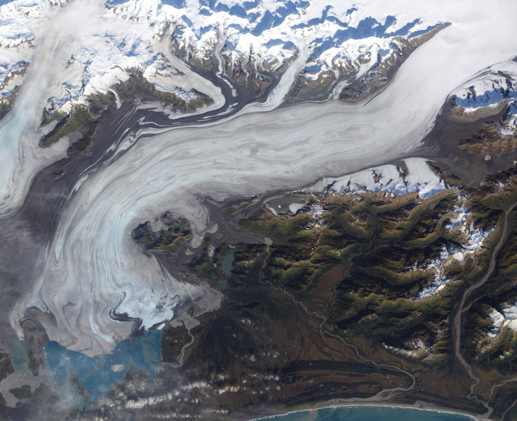 Part of the Bering Glacier in southeast Alaska, the largest glacier in North America. It is about 14 km in width in the centre of this view. _Source: Roger Simmon, Landsat 7 Science Team, NASA (2002) Public Domain [view source](https://earthobservatory.nasa.gov/IOTD/view.php?id=4710)_