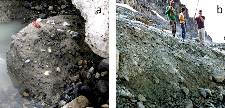 Examples of glacial till: a: lodgement till from the front of the Athabasca Glacier, Alberta; b: ablation till at the Horstman Glacier, Blackcomb Mountain, BC. _Source: Steven Earle (2016) CC BY 4.0_ [_view source_](https://opentextbc.ca/physicalgeologyearle/wp-content/uploads/sites/145/2016/03/till-2.png)