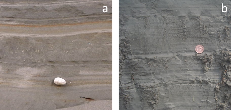 Examples of glaciolacustrine and glaciomarine sedimentary structures. a: varved glaciolacustrine sediments containing a drop stone, Nanaimo, BC.; and b: a laminated glaciomarine sediment, Englishman River, BC. _Source: Steven Earle (2016) CC BY 4.0_ [_view source_](https://opentextbc.ca/physicalgeologyearle/wp-content/uploads/sites/145/2016/03/gl-gm-2.png)