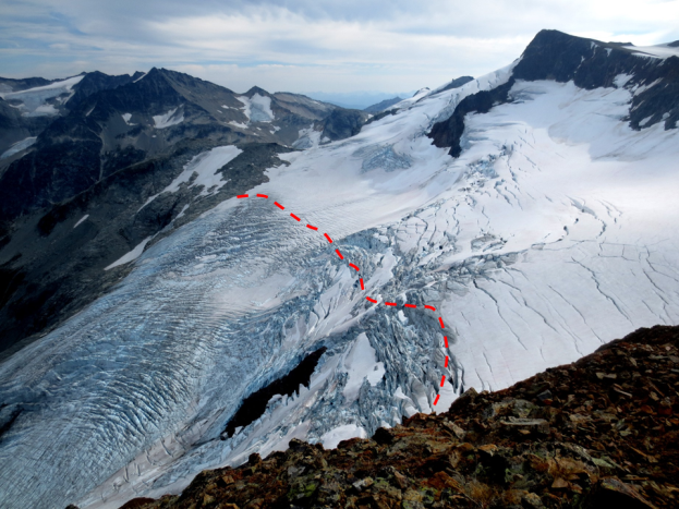 The approximate location of the equilibrium line (red) in September 2013 on the Overlord Glacier, near Whistler, B.C. _Source: Steven Earle (2015) CC BY 4.0, after Isaac Earle (n.d.) CC BY 4.0 [view source](https://opentextbc.ca/geology/wp-content/uploads/sites/110/2015/07/equilibrium-line.png)_