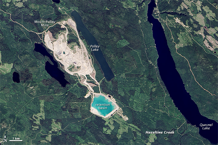 The Mt. Polley Mine area prior to the dam breach of August 2014. The tailings were stored in the area labelled "retention basin." [https://en.wikipedia.org/wiki/Mount_Polley_mine_disaster]