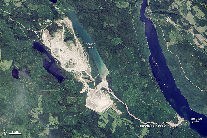 The Mt. Polley Mine area after the tailings dam breach of August 2014. The water and tailings released flowed into Hazeltine Creek, and Polley and Quesnel Lakes. [https://en.wikipedia.org/wiki/Mount_Polley_mine_disaster]