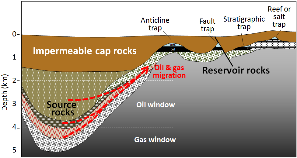 Migration of oil and gas from source rocks into traps in reservoir rocks [SE]