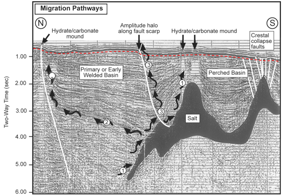 Seismic section through the East Breaks Field in the Gulf of Mexico. The dashed red line marks the approximate boundary between deformed rocks and younger undeformed rocks. The wiggly arrows are interpreted migration paths. The total thickness of this section is approximately 5 km. [SE after http://wiki.aapg.org/File:Sedimentary-basin-analysis_fig4-55.png]