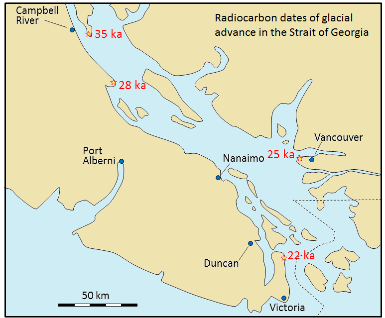 Radiocarbon dates on wood fragments in glacial sediments in the Strait of Georgia. _Source: Steven Earle (2015) CC BY 4.0 [view source](http://opentextbc.ca/geology/wp-content/uploads/sites/110/2015/07/Radiocarbon.png), modified after Clague (1976)._