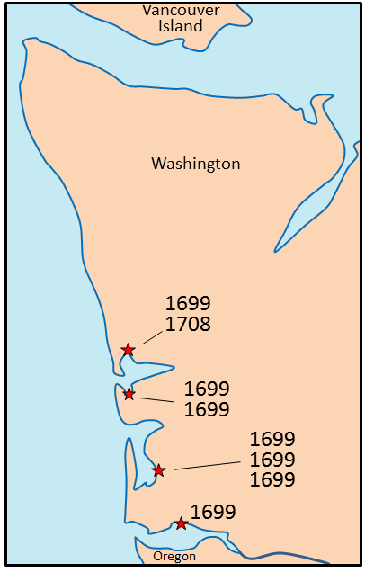 Sites in Washington where dead trees are present in coastal flats. The outermost wood of eight trees was dated using dendrochronology, and of these, seven died during the year 1699, suggesting that the land was inundated by water at this time. _Source: Steven Earle (2015) CC BY 4.0 [view source](http://opentextbc.ca/geology/wp-content/uploads/sites/110/2015/07/Washington.png), from data in Yamaguchi et al. (1997)._