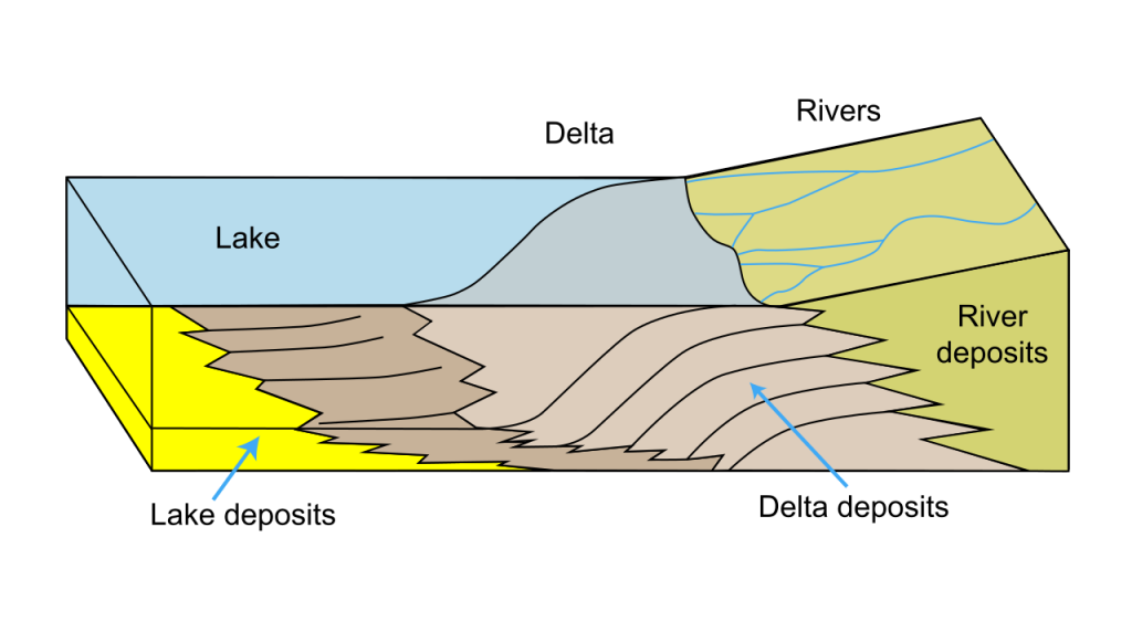 A cross-section through a river delta forming in a lake. The delta foresets are labeled "Delta deposits" in this figure, and you can quickly see that the front face of the foresets are definitely not deposited horizontally. _Source: AntanO (2017) CC BY 4.0 [view source](https://commons.wikimedia.org/wiki/File:Delta_Formation.svg)_
