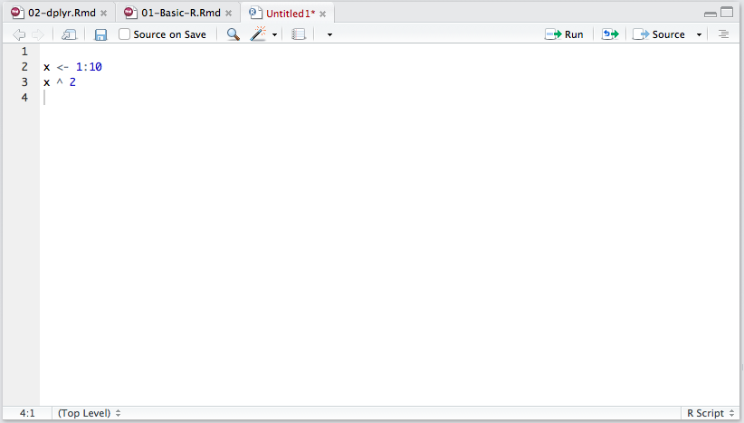 A new R script in the RStudio script editor.