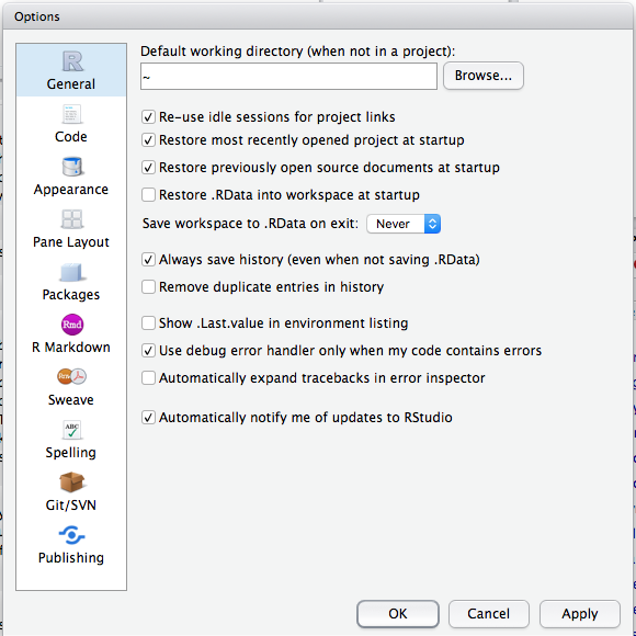 The RStudio Global Options/Preferences window.